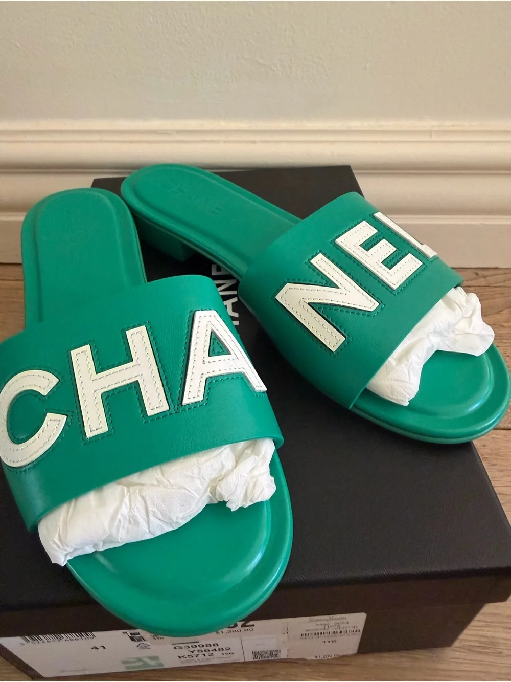 CHANEL Green Slide Sandals with White Logo Panel